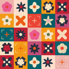 Seamless patterns with geometric shaped flowers and checkerboard. Colorful vector background. Creative texture for fabric, textile 