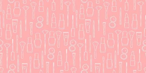 Lovely hand drawn make up seamless pattern, doodle beauty items, great for textiles, banners, wrapping, packaging - vector design