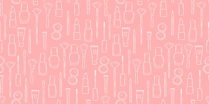 Lovely hand drawn make up seamless pattern, doodle beauty items, great for textiles, banners, wrapping, packaging - vector design