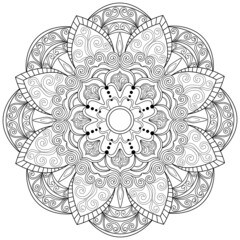 Colouring page, vector. Mandala 25, ethnic pattern, object isolated on white background.