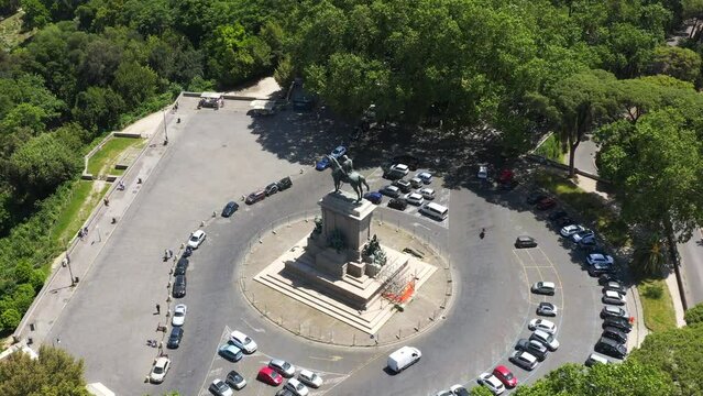 Aerial view of the Janiculan Hill, a hill in western Rome, Italy. The crest of the Janiculum is dominated by equestrian monument to Giuseppe Garibaldi, an Italian patriot. 