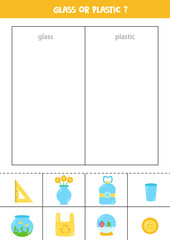 Sort objects into glass and plastic. Worksheet for kids.