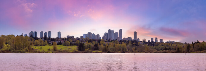 Scenic view of a modern city park by the lake. Spring Season. Deer Lake, Burnaby, Vancouver, British Columbia, Canada. Panorama. Sunset Sky Art Render