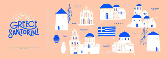 Fototapeta premium Collection of Greek architecture of Santorini island. Traditional white windmills and temples with blue roofs. Design elements for souvenir products. Vector illustration isolated.