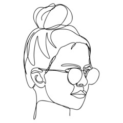 One Line Drawing, Single Continuous Line Sketch Woman Female Face with Sunglasses