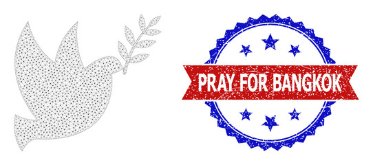 Obraz premium Network peace dove wireframe icon, and bicolor dirty Pray for Bangkok seal stamp. Polygonal carcass symbol designed with peace dove icon.