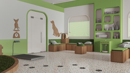 Veterinary clinic waiting room in green and wooden tones. Sitting area with benches, bookshelf,...
