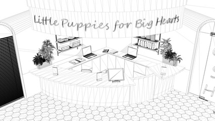 Blueprint project draft, veterinary clinic reception desk. Shelves with pet food and decors, potted plants, laptop and desktop. Arched doors, interior design, top view, above