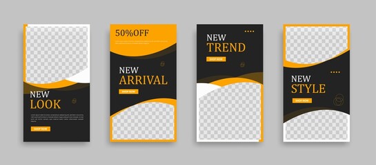 Fototapeta premium Set of Editable minimal square banner template. Blue yellow white background color with geometric shapes for social media post, story and web internet ads. Vector illustration