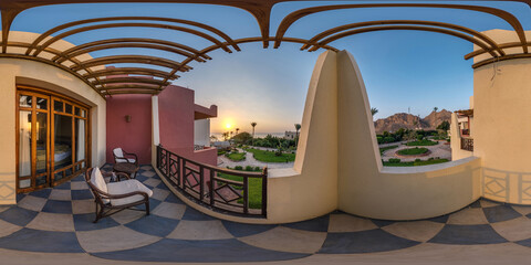 full seamless spherical hdri 360 panorama view on second floor of balcony or terrace overlooking...