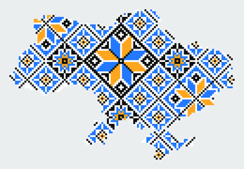 Ukraine map in traditional embroidery pattern colors - blue, yellow, red and black. Pixel art vector illustration. Support Ukraine. Political or geographical design element on grey background
