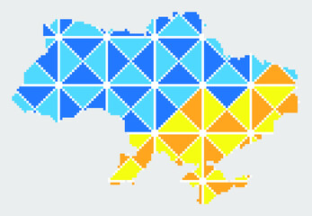 Ukraine map in traditional embroidery pattern colors - blue, yellow, red and black. Pixel art vector illustration. Support Ukraine. Political or geographical design element on grey background