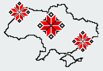 Ukraine map in traditional embroidery pattern colors - blue, yellow, red and black. Pixel art vector illustration. Support Ukraine. Political or geographical design element on grey background