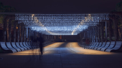 Silhouette of people walking along the night alley in the park illuminated by bright hanging garlands. Selective focus.