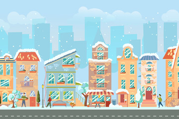 Naklejka premium City street. Panoramic cityscape with bright houses, walking pedestrians, snow. Shop and stores. Winter city. Vector illustration in cartoon style.