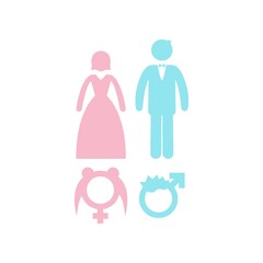 Obraz premium Simple creative male and female gender or sex symbol isolated line icon in blue and pink color for web and app, modern minimalistic flat design. Arrow couple man and girl relationship. Vector EPS 10.