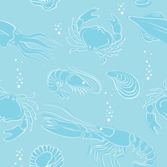 Fototapeta na wymiar Seafood seamless pattern outline sketch drawing
