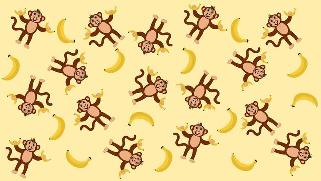 Several monkeys with bananas in random movements on a yellow and green background - animation