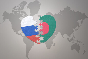 puzzle heart with the national flag of russia and bangladesh on a world map background. Concept.