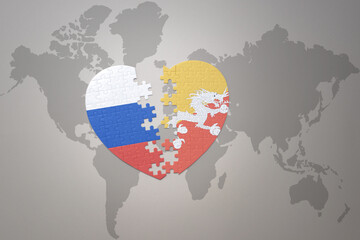 puzzle heart with the national flag of russia and bhutan on a world map background. Concept.