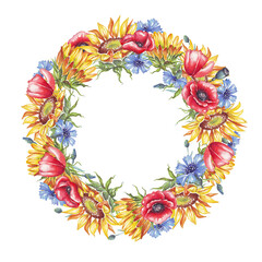 Ukrainian wreath. Watercolor sunflower, cornflower and poppy flower