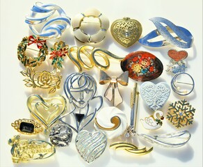 Collection display of vintage jewelry brooches bracelets earrings costume jewelry accessory