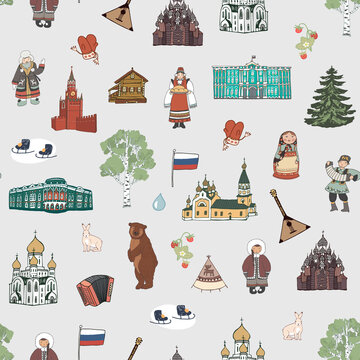 Russia travel destination objects, nature and architecture seamless pattern