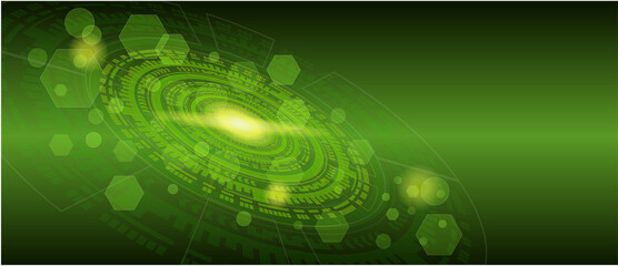 Abstract technology background with various technological elements in green color. Tecnologic innovation. high-tech communication concept. circular network circuit