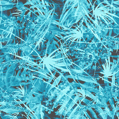 Naklejka na ściany i meble Tropical leaves.Watercolor leaves of a tree, palms, bamboo, nettle, abstract splash. Watercolor abstract seamless background, pattern, spot, splash of paint, blot, divorce, color.Tropic pattern.grass