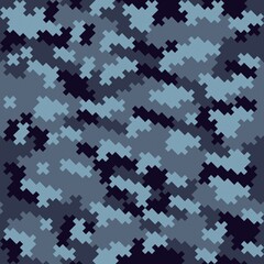 Blue pixel camo background, digital vector texture, textile seamless illustration.