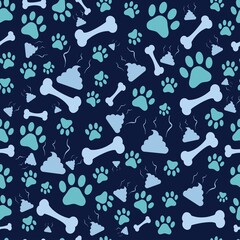 Fototapeta na wymiar blue background with paws, footprints and bone seamless animal pattern