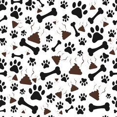 
paws, bone vector seamless pattern, animal footprints on white background.