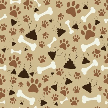dog paw pattern, bone, poop seamless background, vector texture.