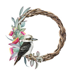 Floral rustic wreath with eucalyptus and kookaburra bird. Watercolor illustration. Natural floral decor with eucalyptus leaves and flowers. Australian native bird on decorative wreath © anitapol