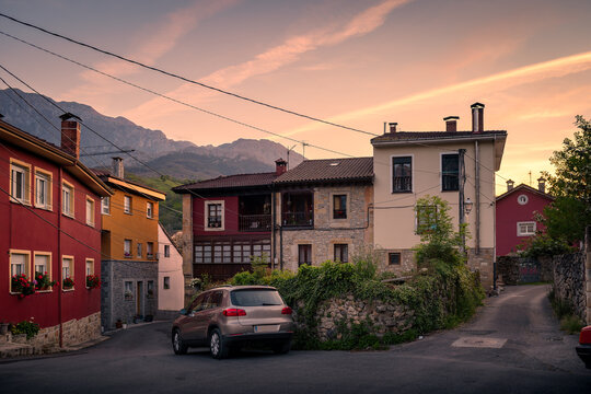 Town Arenas de Cabrales at sunset. Asturias. Spain