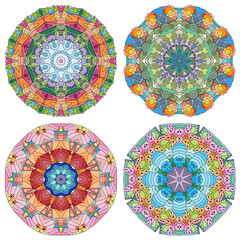Hand drawn zentangle set of 4 color mandalas for decoration