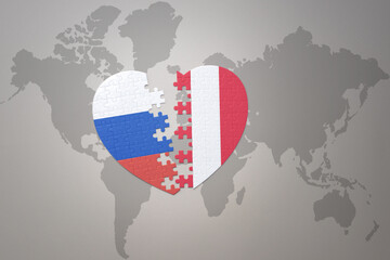 puzzle heart with the national flag of russia and peru on a world map background. Concept.