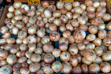 Onions for sale on the market stall