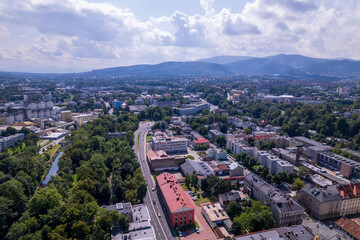 Bielsko-Biala from a drone on a sunny day. Town Hall and the characteristic buildings in the city.