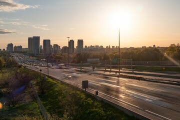 The 401 highway traffic in Toronto Ontario Canada and North York