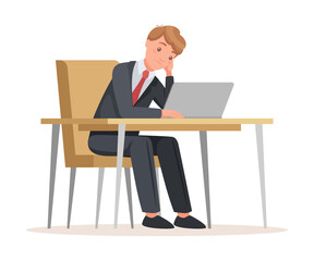 Man Office Worker Sitting at Desk with Laptop Feeling Sadness and Frustration Vector Illustration