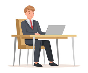 Man Office Worker Sitting at Desk with Laptop Feeling Happy Engaged in Workflow Vector Illustration