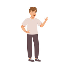 Man Character in Casual Pants Standing and Waving Hand for Greeting Vector Illustration