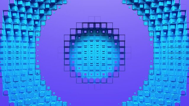 Blue voxel circle holes and rings diverge from the center of screen. Abstraction on green chroma key, 3D animated intro.