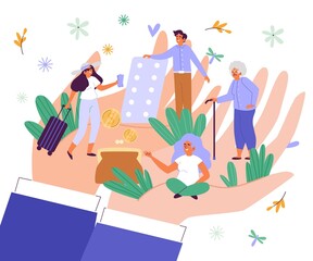 Hands of a responsible caring employer providing social package and benefits to his subordinates, flat cartoon vector illustration isolated on white background.