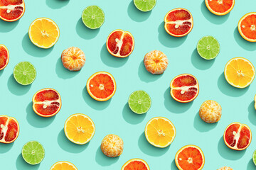 Citrus fruits as bring summer food pattern, grapefruit, orange, tangerine, lemon, lime, red orange with shadow at sunlight on mint background. Healthy fresh fruit food concept. Flat lay