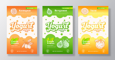 Fruits and Berries Yogurt Label Templates Set. Abstract Vector Dairy Packaging Design Layouts Collection. Modern Banner with Hand Drawn Kumkuat, Bergamot and Yuzu Sketches Background Isolated