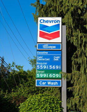 Chevron Gas Station Sign, $5.69/gal on May 22, 2022 in Lake Forest Park, Washington