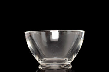 One empty glass plate, closeup isolated on black background.