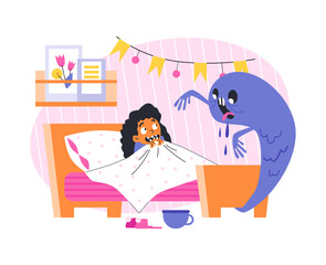 Scared child afraid of monster, flat cartoon vector illustration isolated.
